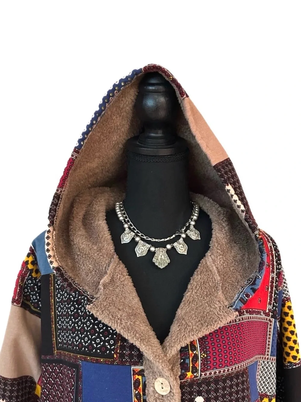 COAT ~ Colorful Patchwork Hooded Coat w/Soft Brown Sherpa Lining and Pockets